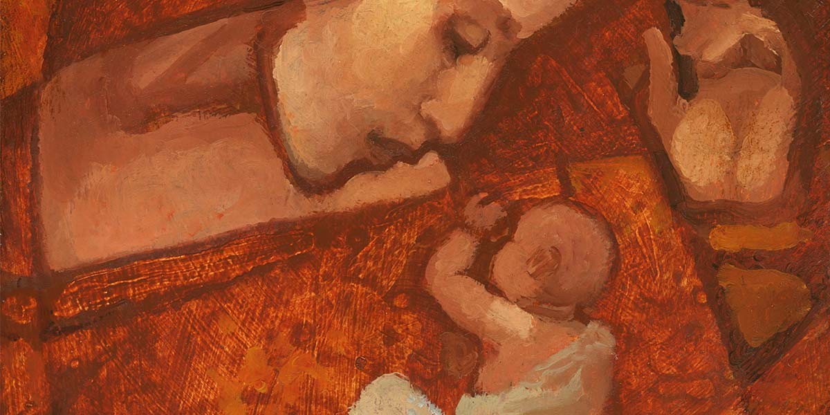 Warm-toned painting of a mother tenderly leaning over a baby lying on a textured surface.