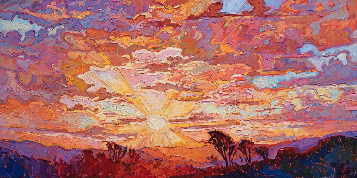 Impressionist painting of a vibrant sunset with radiant sun, colorful clouds, and silhouetted trees on hills.