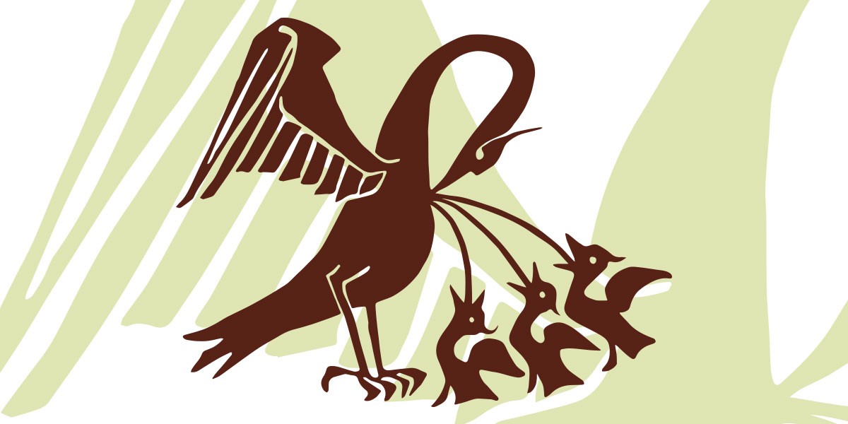 Stylized brown bird feeding three smaller birds with a background of abstract green shapes.