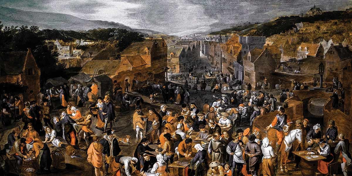 Crowded medieval village scene with people engaging in various market activities and horse riders.