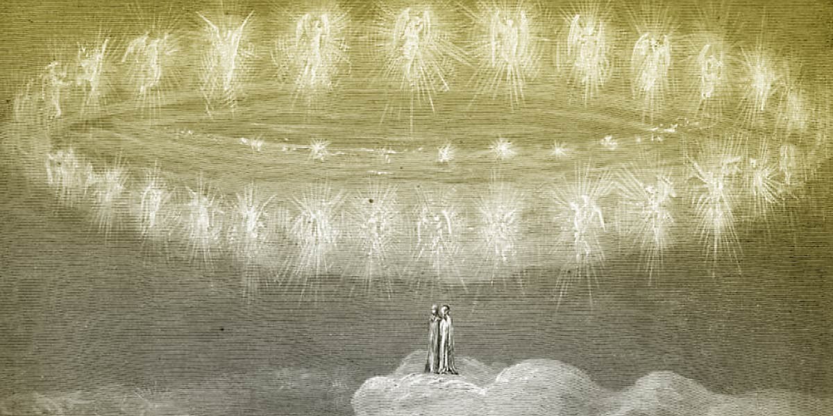 Two robed figures standing on a cloud beneath a glowing celestial ring of angelic beings.