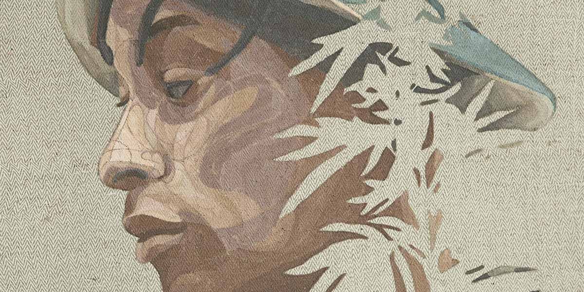 Abstract portrait of a person's side profile with textured, brushstroke-like patterns and muted colors.