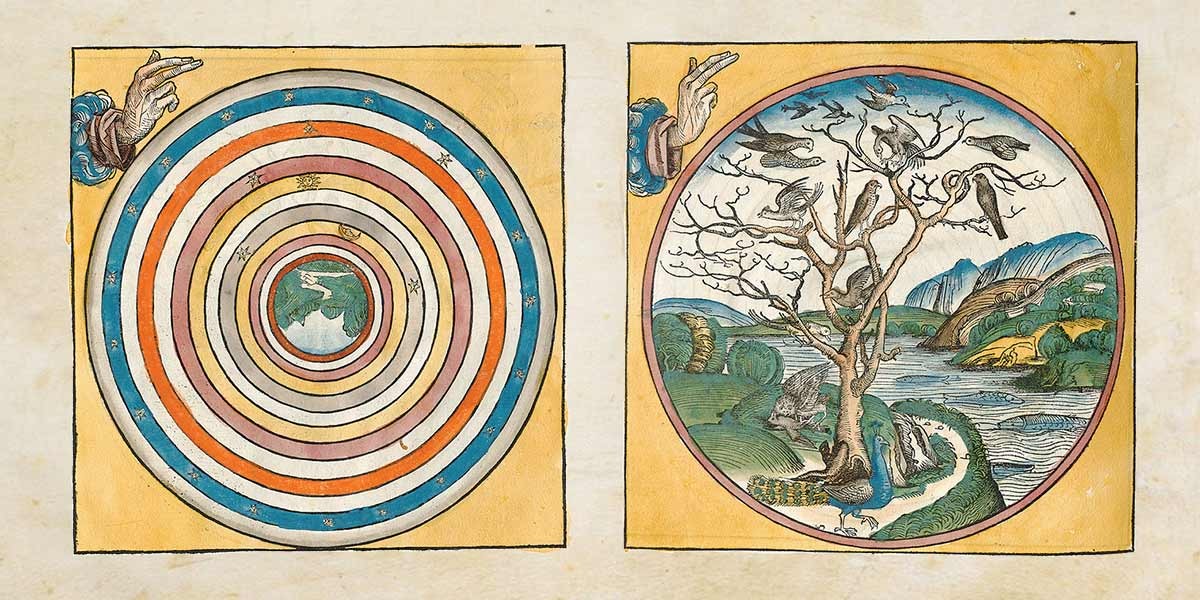 Two circular illustrations: one with concentric colored rings, the other with birds in and around a leafless tree by a river.