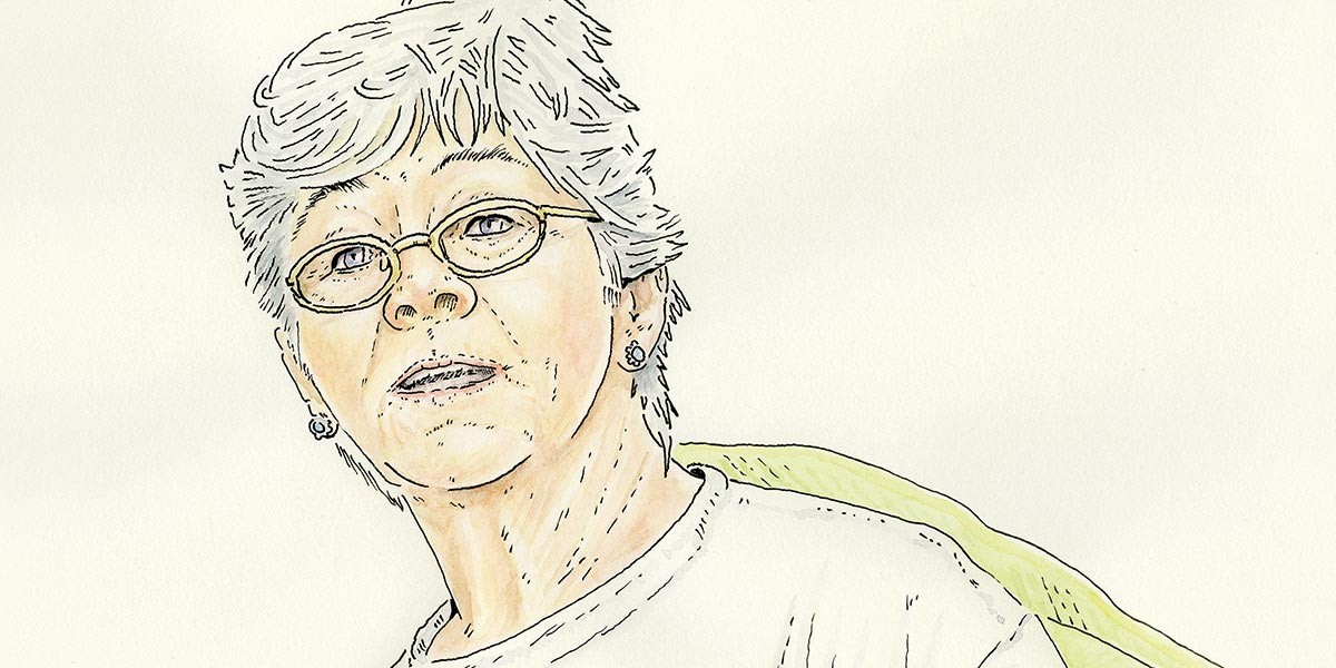 Watercolor portrait of an older woman with glasses, short gray hair, and earrings.