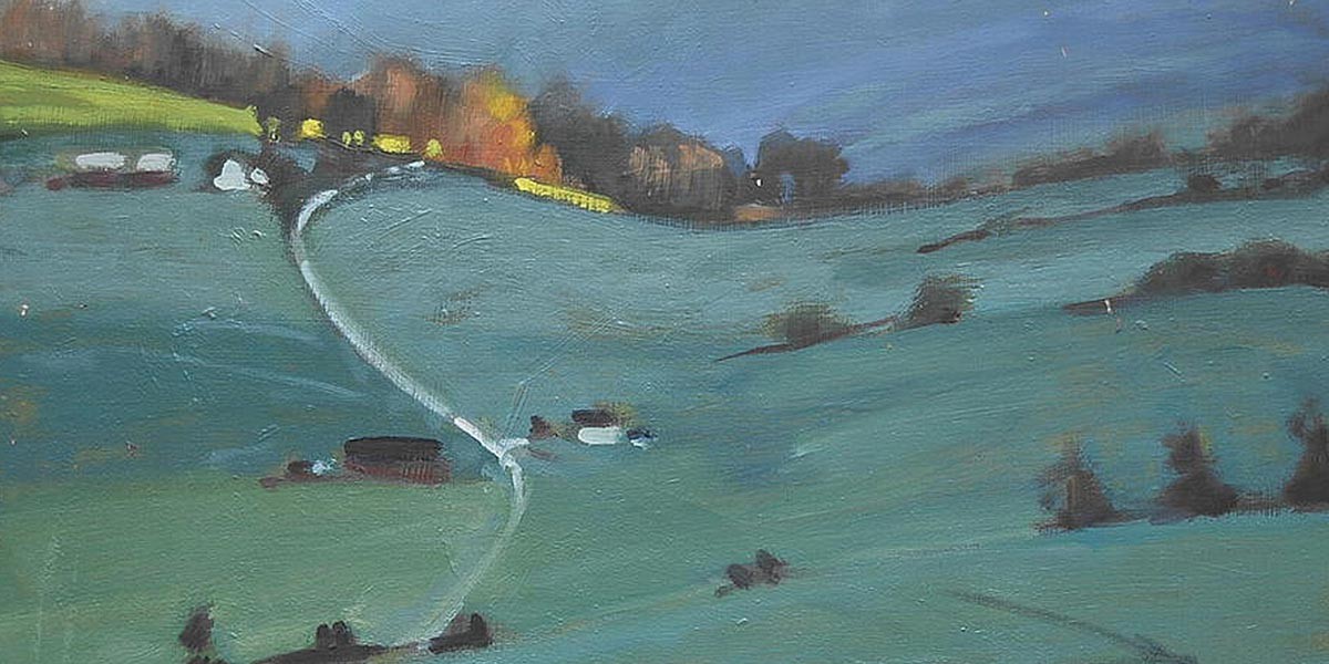 Painting of a rural landscape with fields, a winding path, scattered trees, and a distant treeline.
