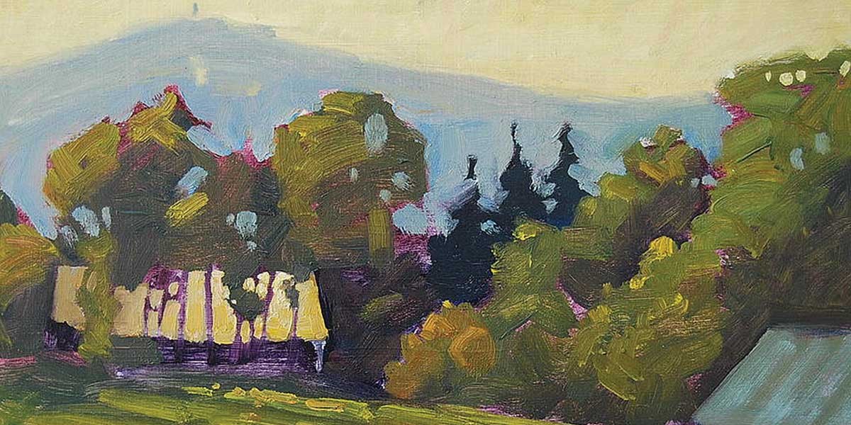 Impressionist painting of trees and a mountain under a pale sky in soft green, yellow, and blue hues.