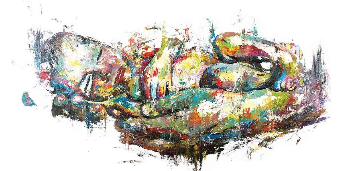 Colorful abstract painting of a sleeping baby cradled in large hands on a white background.