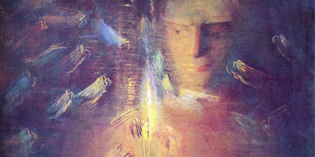 Abstract painting of a face surrounded by glowing and blurred bird-like shapes in purple and yellow tones.