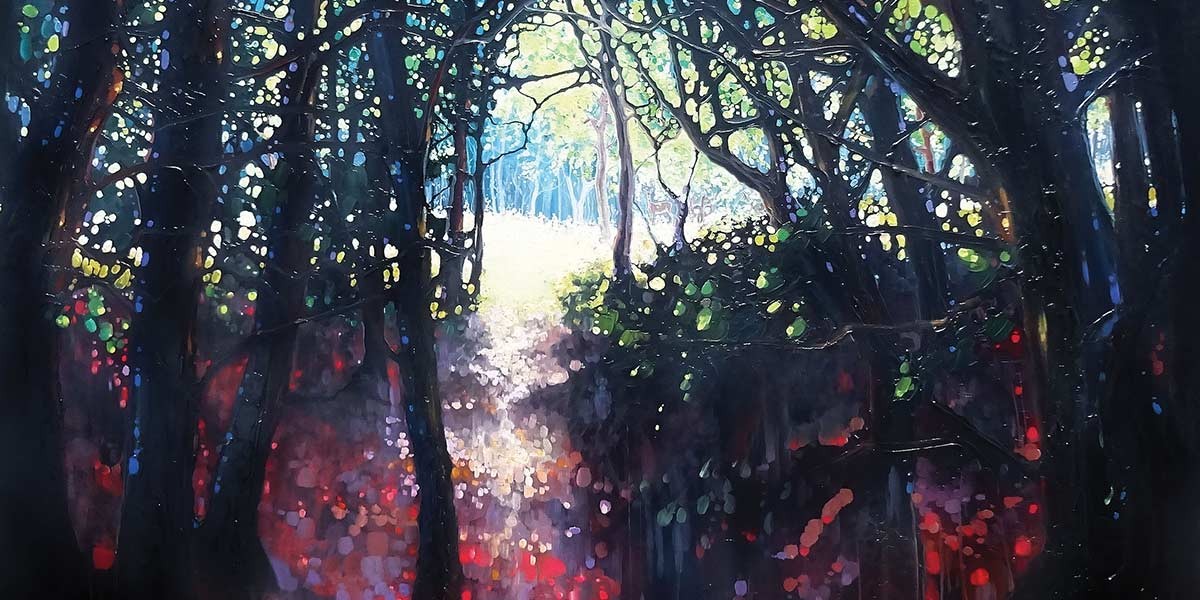 Dense dark forest with scattered colorful light spots and a bright opening in the background.