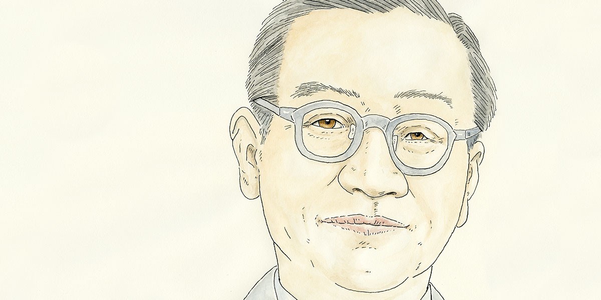 Portrait illustration of a man with glasses, short black hair, and a slight smile on a light background.
