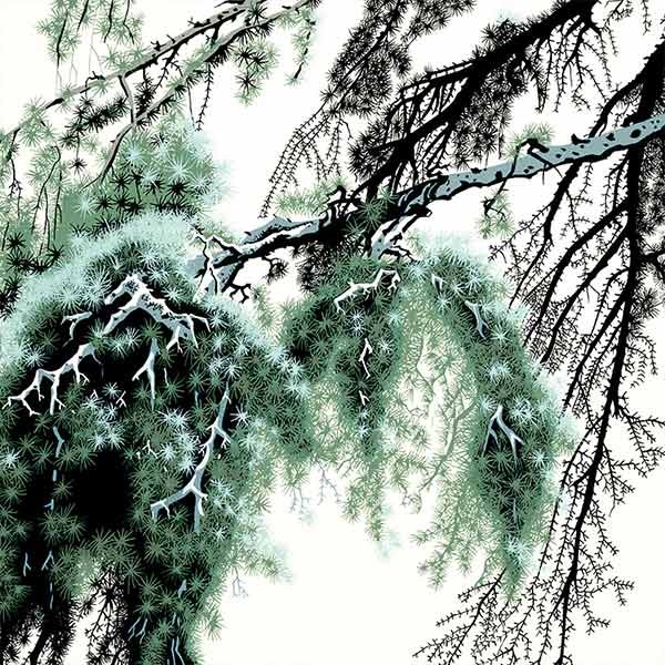 Artistic view of tree branches with green foliage and black limbs against a white background.