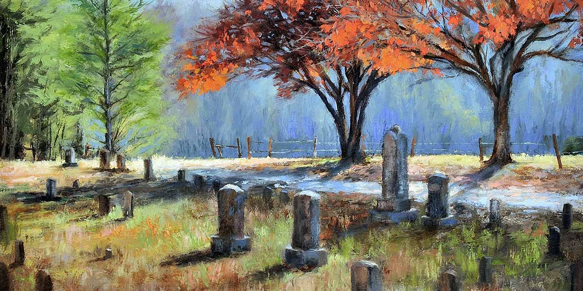 Painting of a cemetery with tombstones under green and orange-leaved trees and a sunlit path.