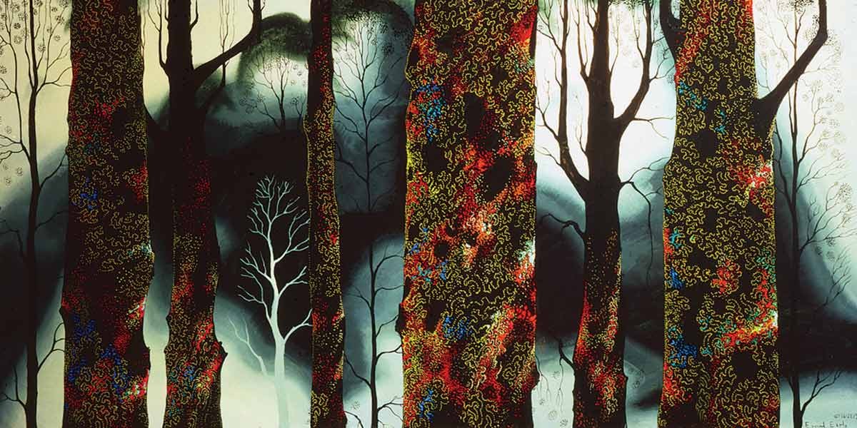 Abstract forest with black tree trunks decorated with colorful swirling patterns and bare branches.