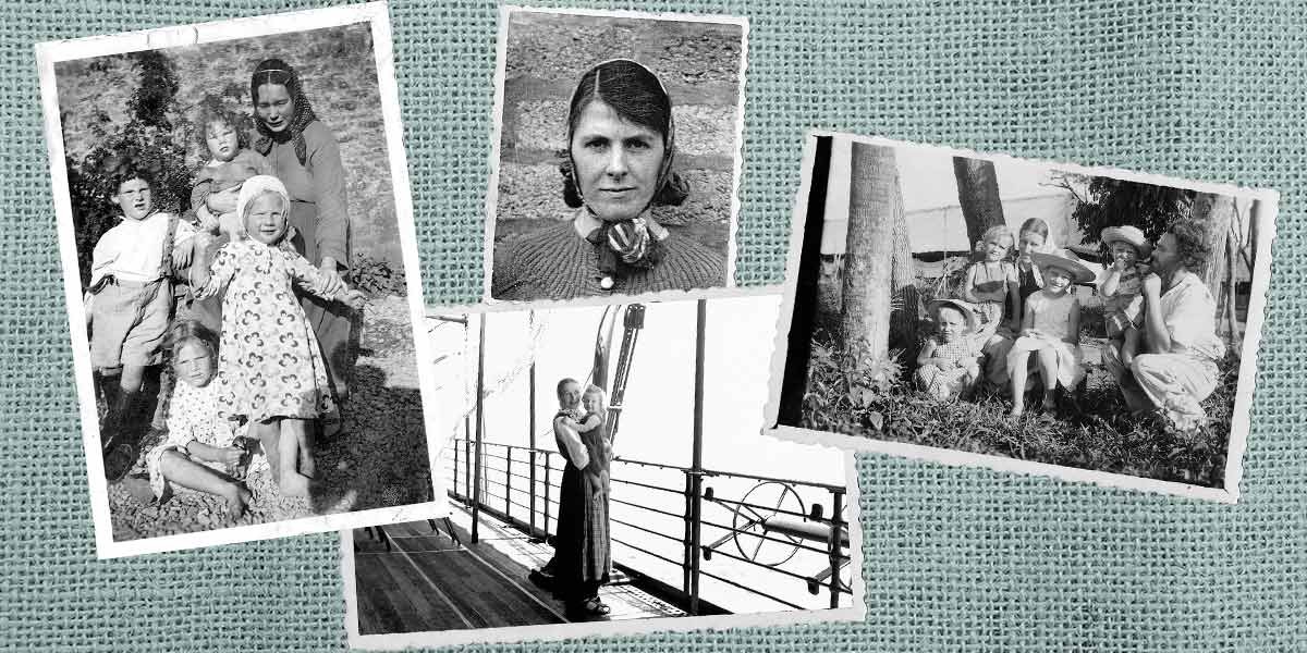 Collage of four vintage black-and-white photos showing women and children from different eras.