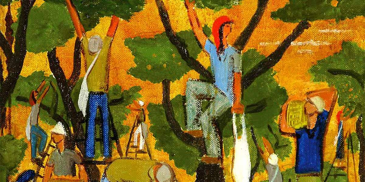 Painting of workers in a forest, cutting trees and carrying wood under green leaves and orange sky.