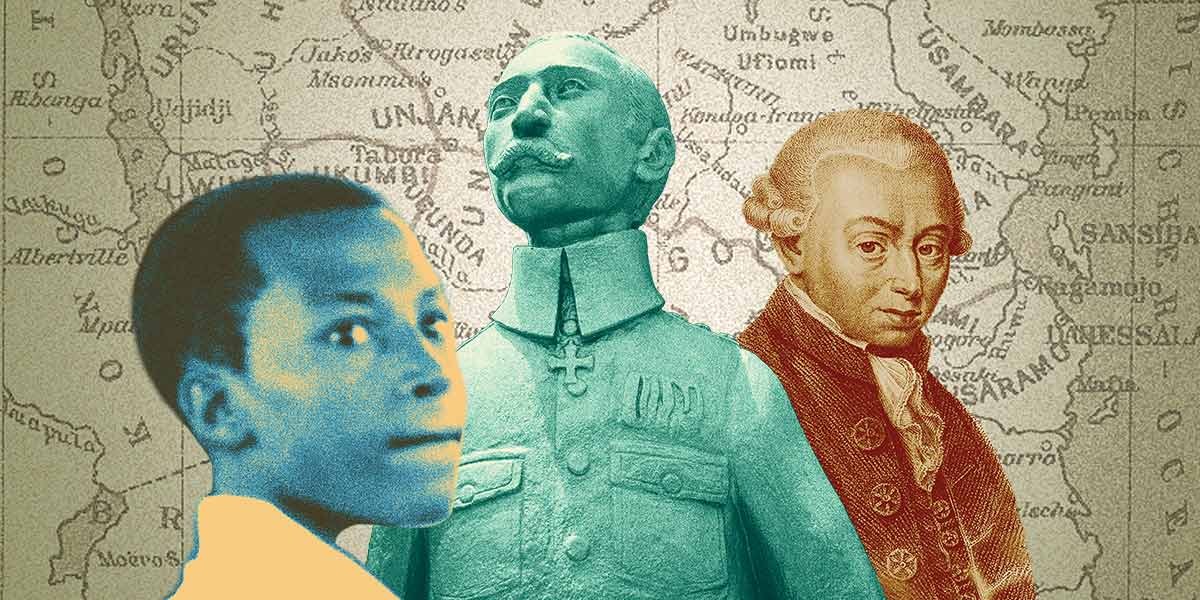 Collage of three historical figures in front of a vintage map background.