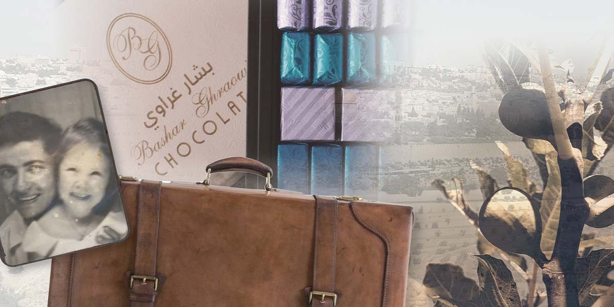 Collage of a vintage photo of a man and child, a brown leather suitcase, chocolates, and a leafy branch.
