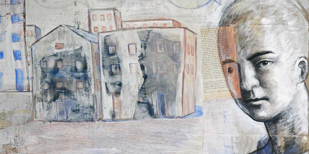 Artistic mural depicting a young person’s face with buildings in the background and layered text.