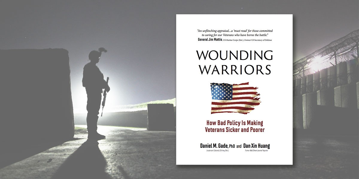 Book cover of Wounding Warriors with an American flag and a soldier silhouette in the background.