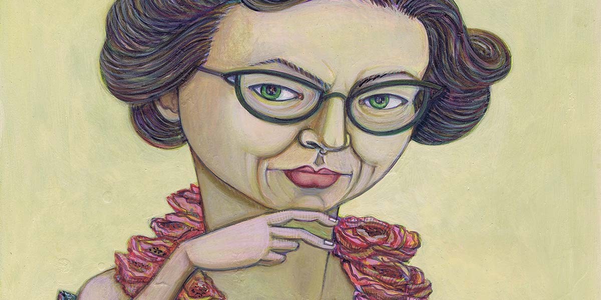 Painting of a woman with green eyes wearing glasses and a floral garment, holding her hand near her chin.