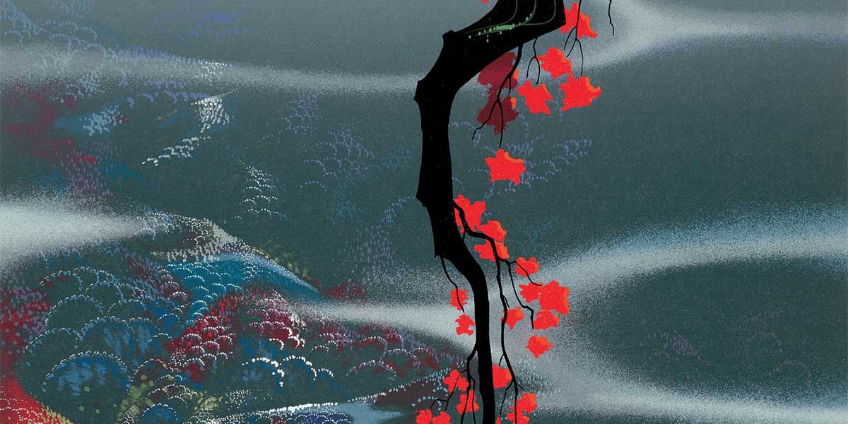 Dark twisted tree branch with bright red leaves against a misty blue and gray forest background.