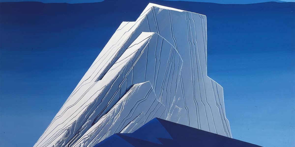 Stylized blue and white mountain peak with sharp edges against a deep blue sky.