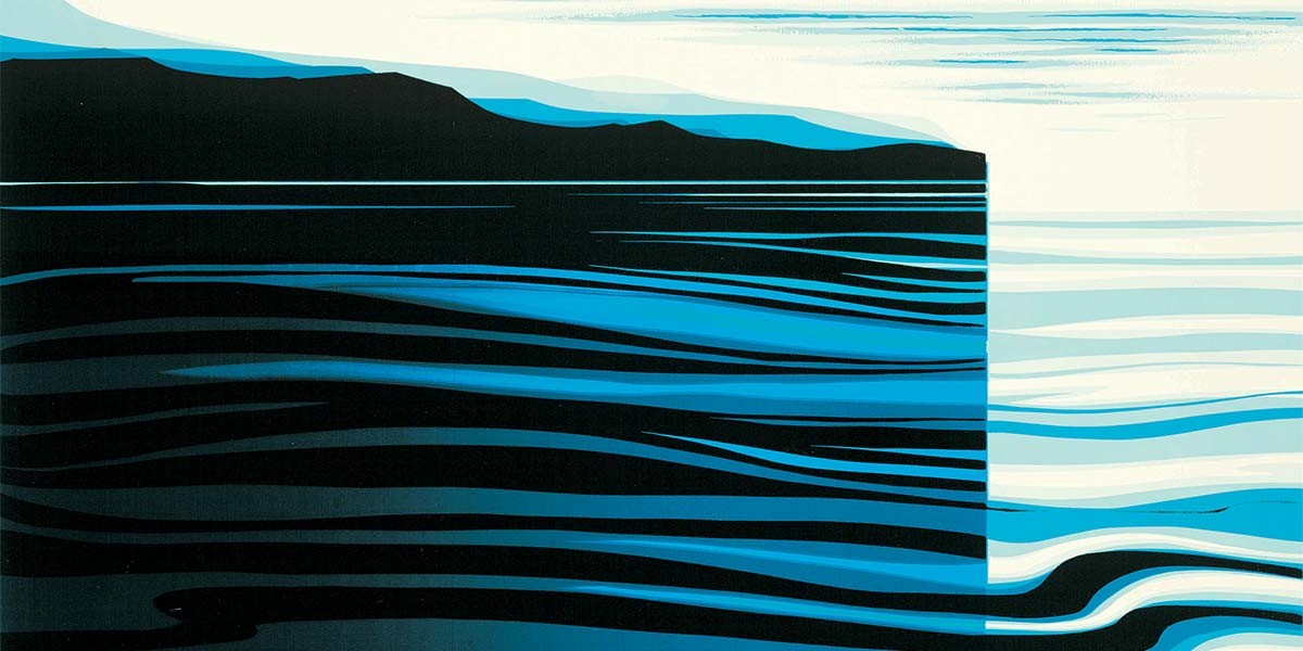 Stylized landscape with dark blue mountains and lighter blue and white flowing river or water patterns.