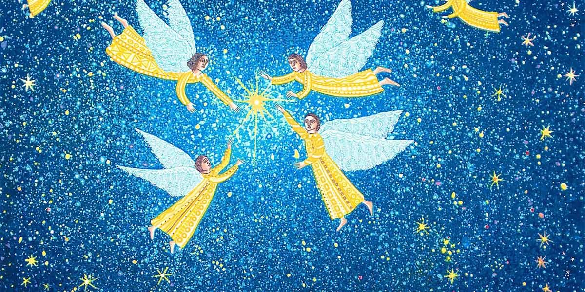 Four angels in yellow robes with white wings flying in a starry blue sky holding a glowing star.