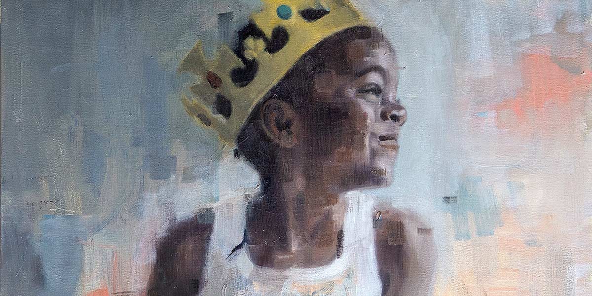 Painting of a young boy smiling and wearing a golden crown and white tank top, looking to the right.