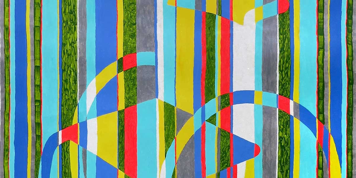 Abstract painting with vertical stripes in blue, green, gray, red, and yellow overlapping curved shapes.