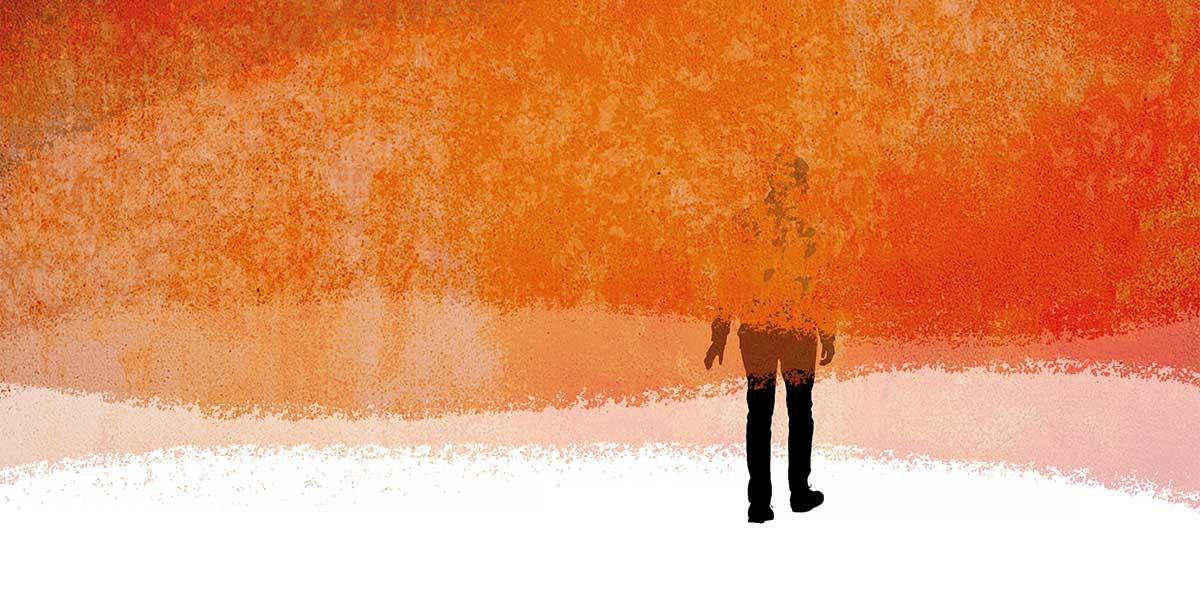 Silhouette of a person walking amid abstract orange and beige textured background.