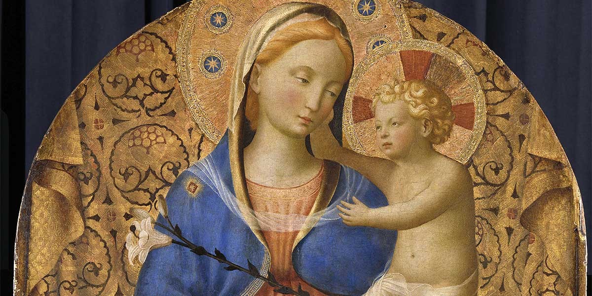 Renaissance painting of Virgin Mary holding Baby Jesus with gold halos and ornate background.