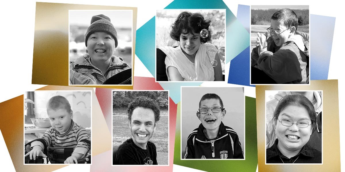 Seven smiling individuals with diverse backgrounds arranged in a colorful collage layout.