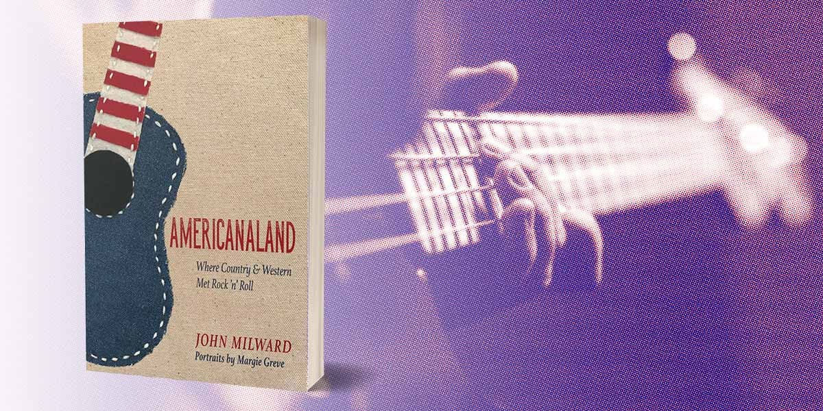 Book titled AmericanaLand with guitar design next to a close-up of a hand playing guitar strings.