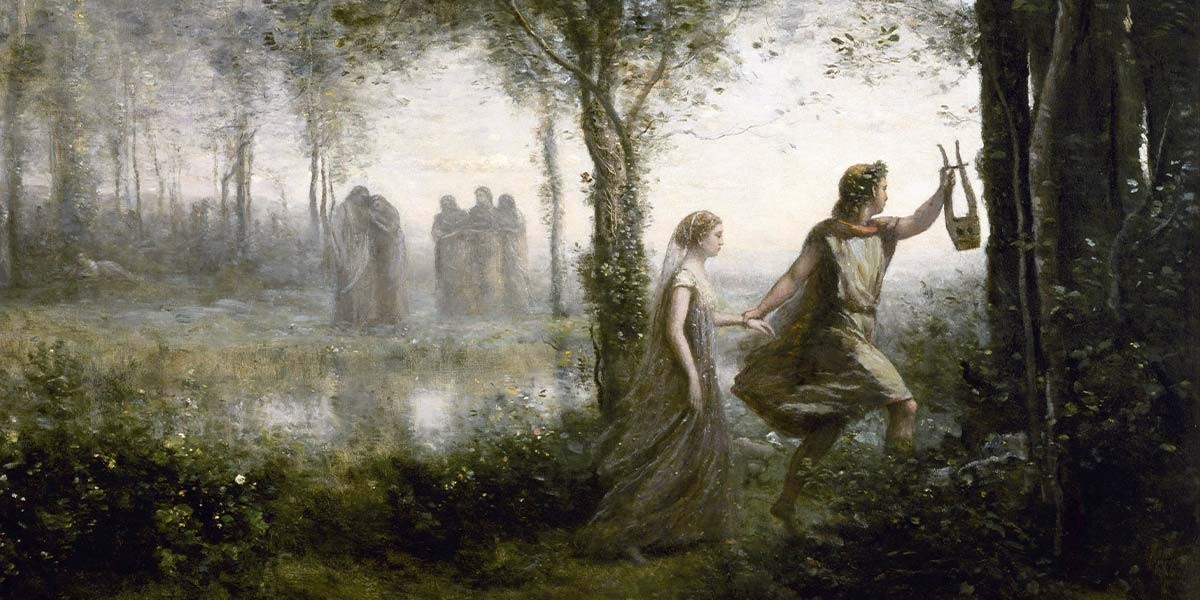A man holding a lyre leads a woman by hand through a misty, wooded forest with blurry figures in background.