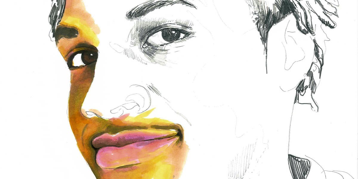 Half-painted portrait of a man with dark brown eyes, pink lips, and black hair in pencil and watercolor.