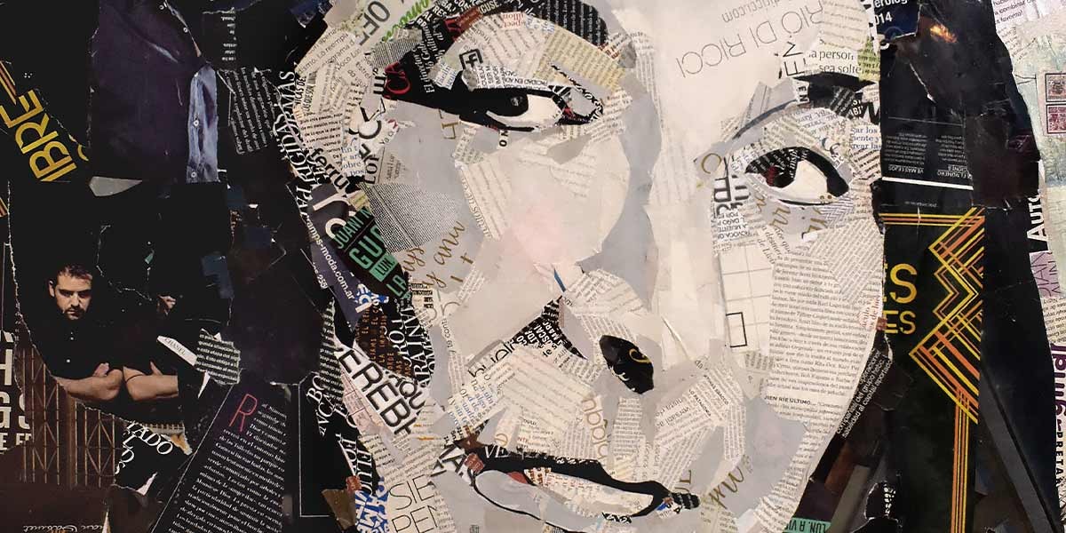 Collage portrait of a person's face made from torn newspaper and magazine clippings.