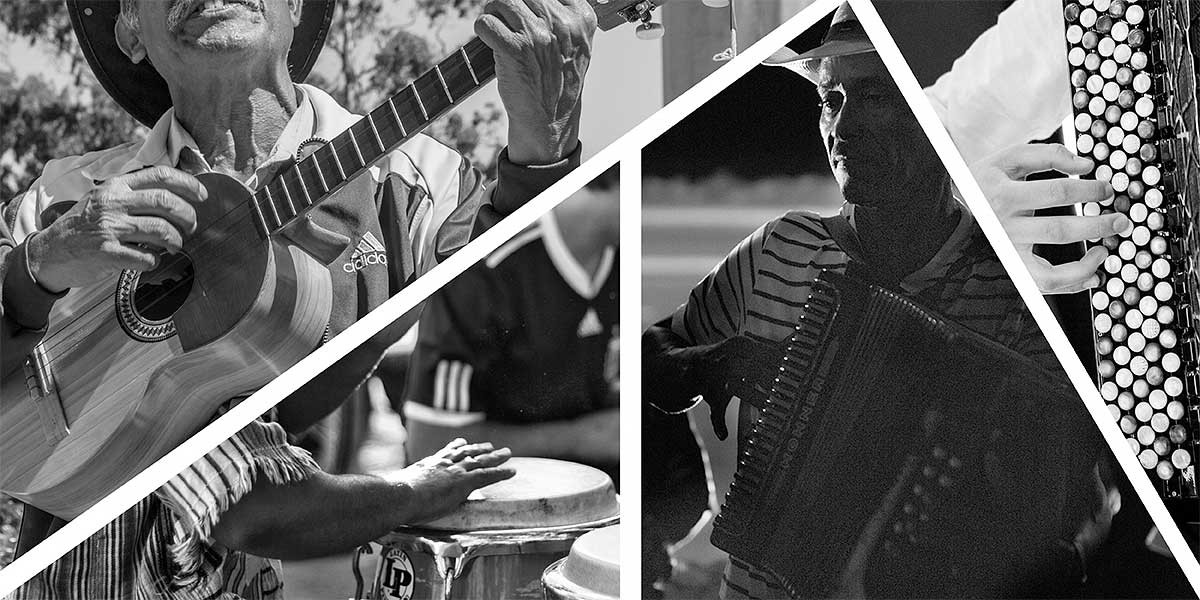 Collage of musicians playing guitar, drums, and accordion in black and white photos.