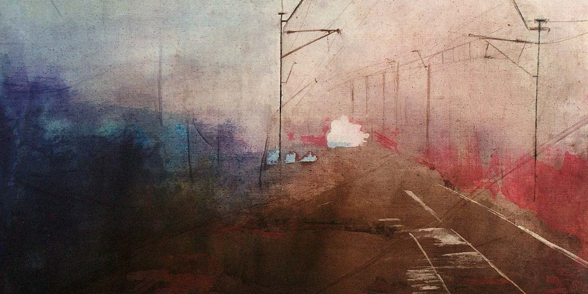 Abstract painting of a railway track with poles and a bright spot at the horizon amid dark and muted colors.