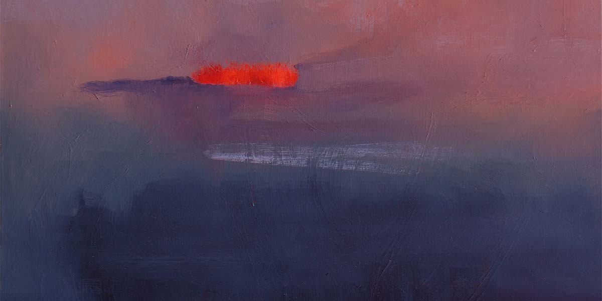 Abstract painting with dark blue and purple tones and a bright red-orange brushstroke near the top.