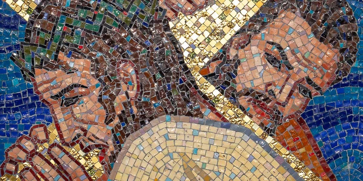 Colorful mosaic of two men with halos, one with long hair and beard, the other with short hair.