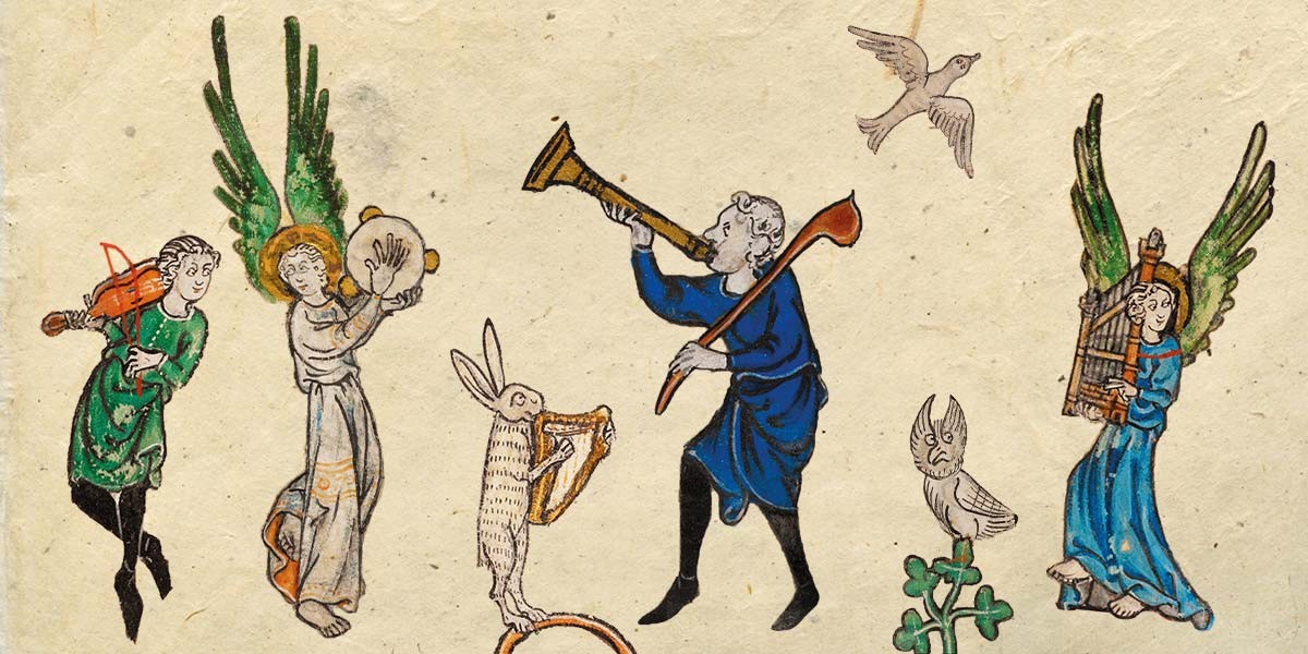 Medieval-style illustration of angels and a rabbit playing musical instruments with birds flying nearby.