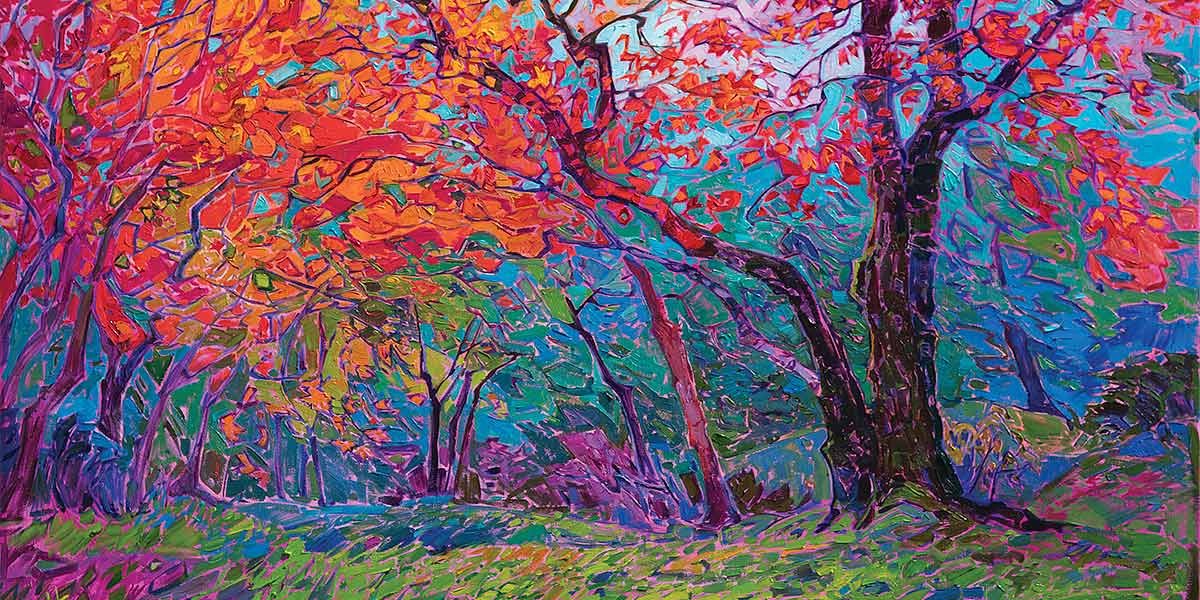 Vibrant colorful impressionist painting of trees with red and orange leaves over a grassy area.