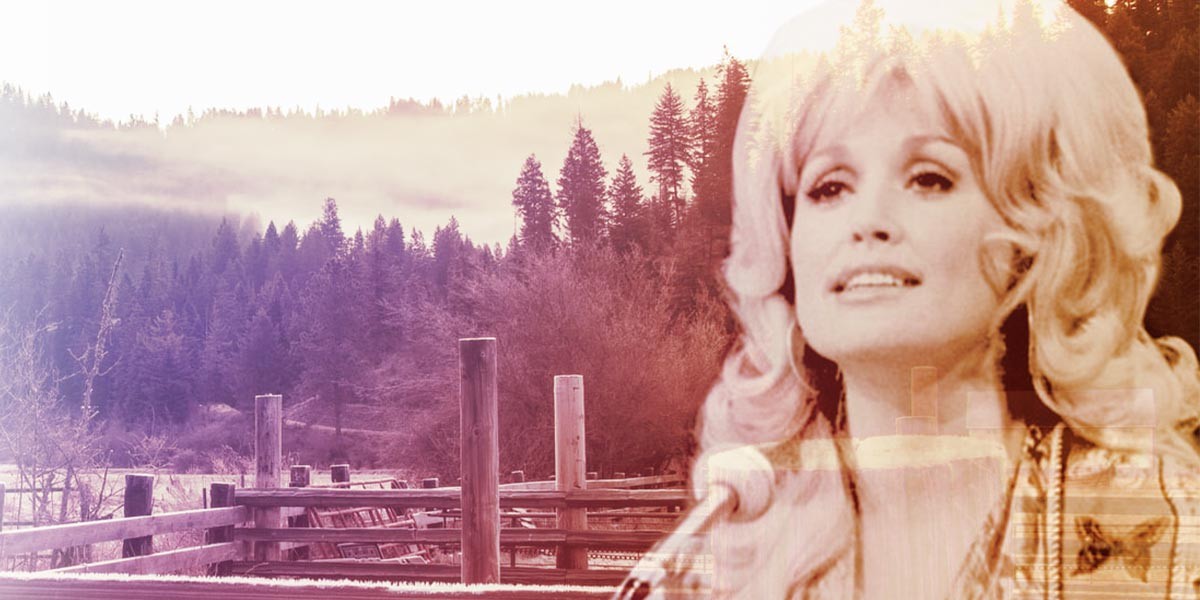 Faded image of a woman with long blond hair singing into a microphone with a forest background.
