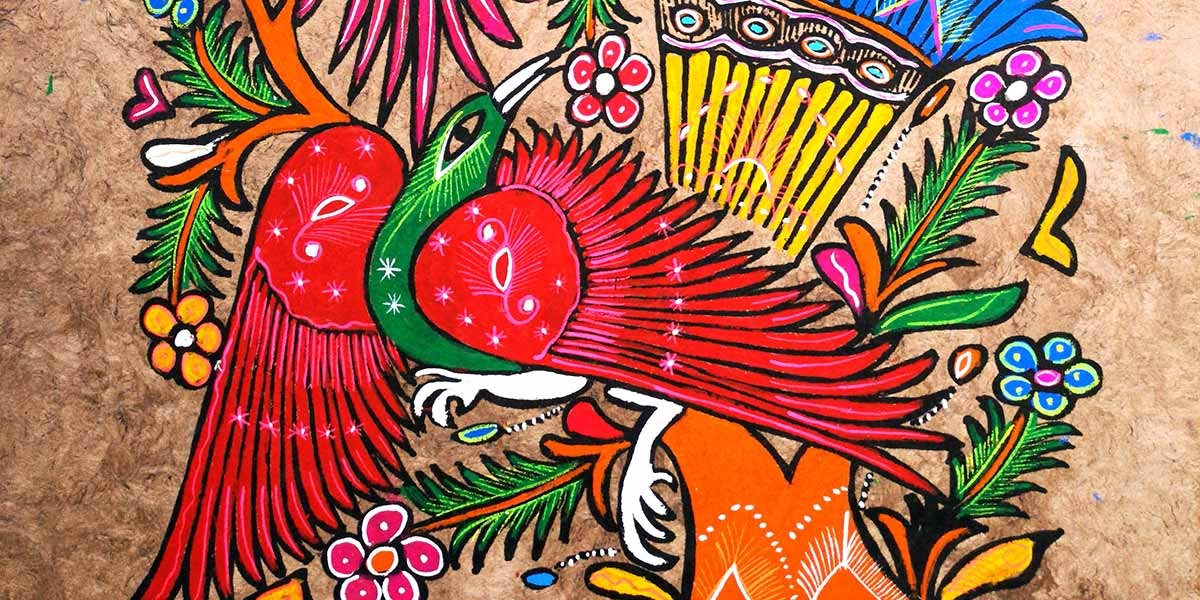 Colorful folk art painting of a red bird with green head surrounded by flowers and feathers.