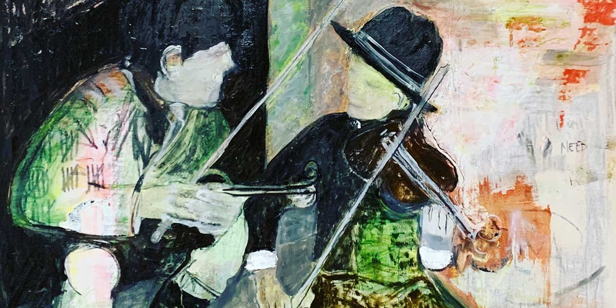Painting of two musicians, one playing violin and the other with a bow, in an abstract style.