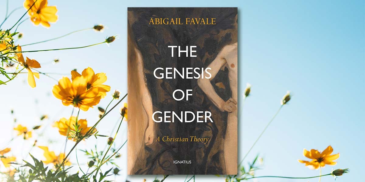 Book cover titled The Genesis of Gender by Abigail Favale with partial nude figures, against a floral sky background.