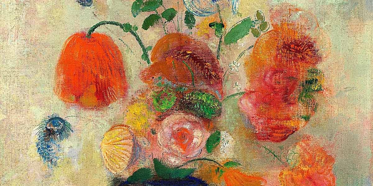 Abstract painting of vibrant orange, red, and pink flowers with green leaves on a textured pale background.