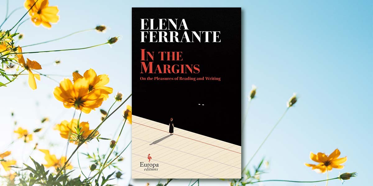 Book cover of In the Margins by Elena Ferrante, with a figure on a lined surface against a black background.