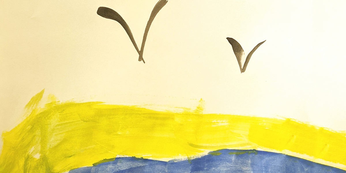 Abstract watercolor painting with yellow and blue horizontal brushstrokes and two black V shapes above.